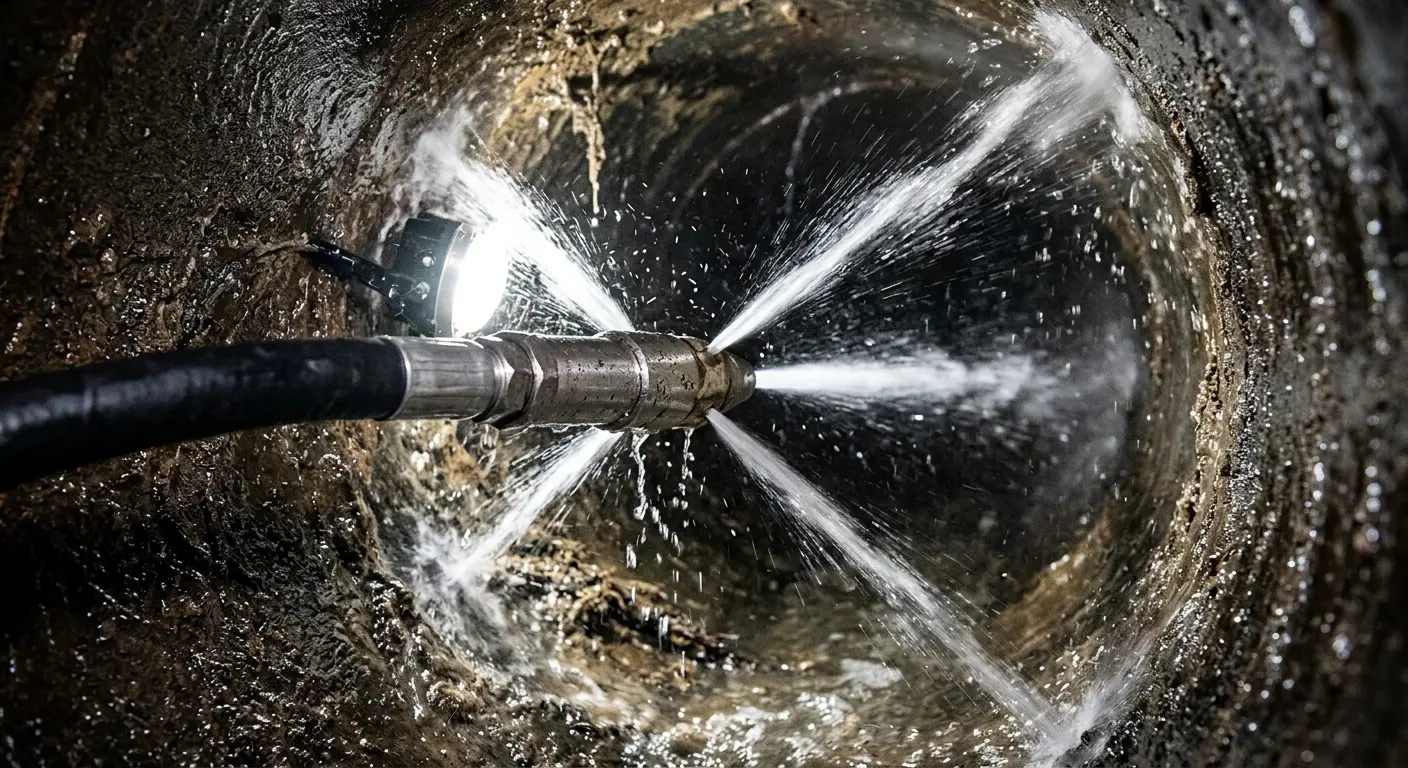 High-pressure hydro jetting nozzle cleaning sewer pipe for Trenchless Sewer Repair in Moline