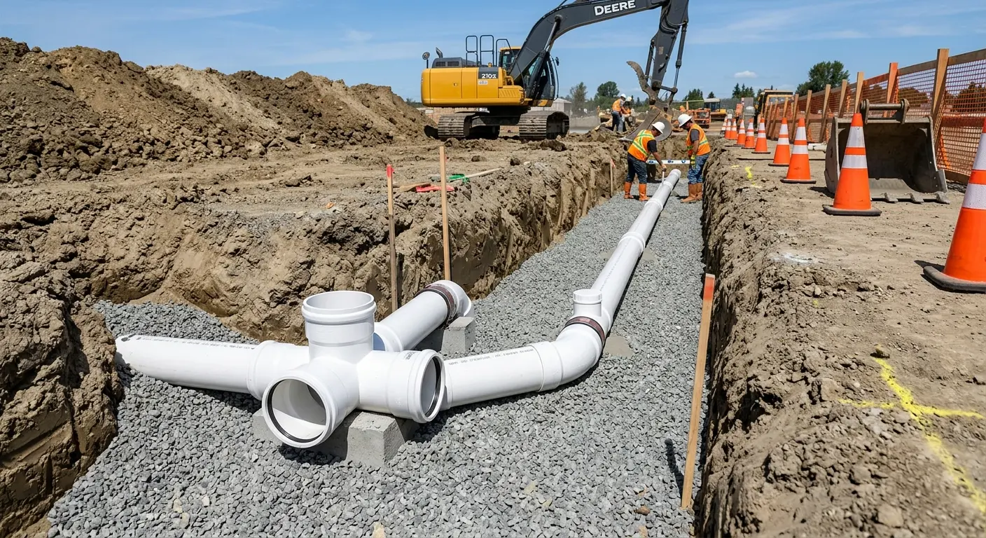 New PVC sewer pipe installation in open trench for Sewer Backup in Moline