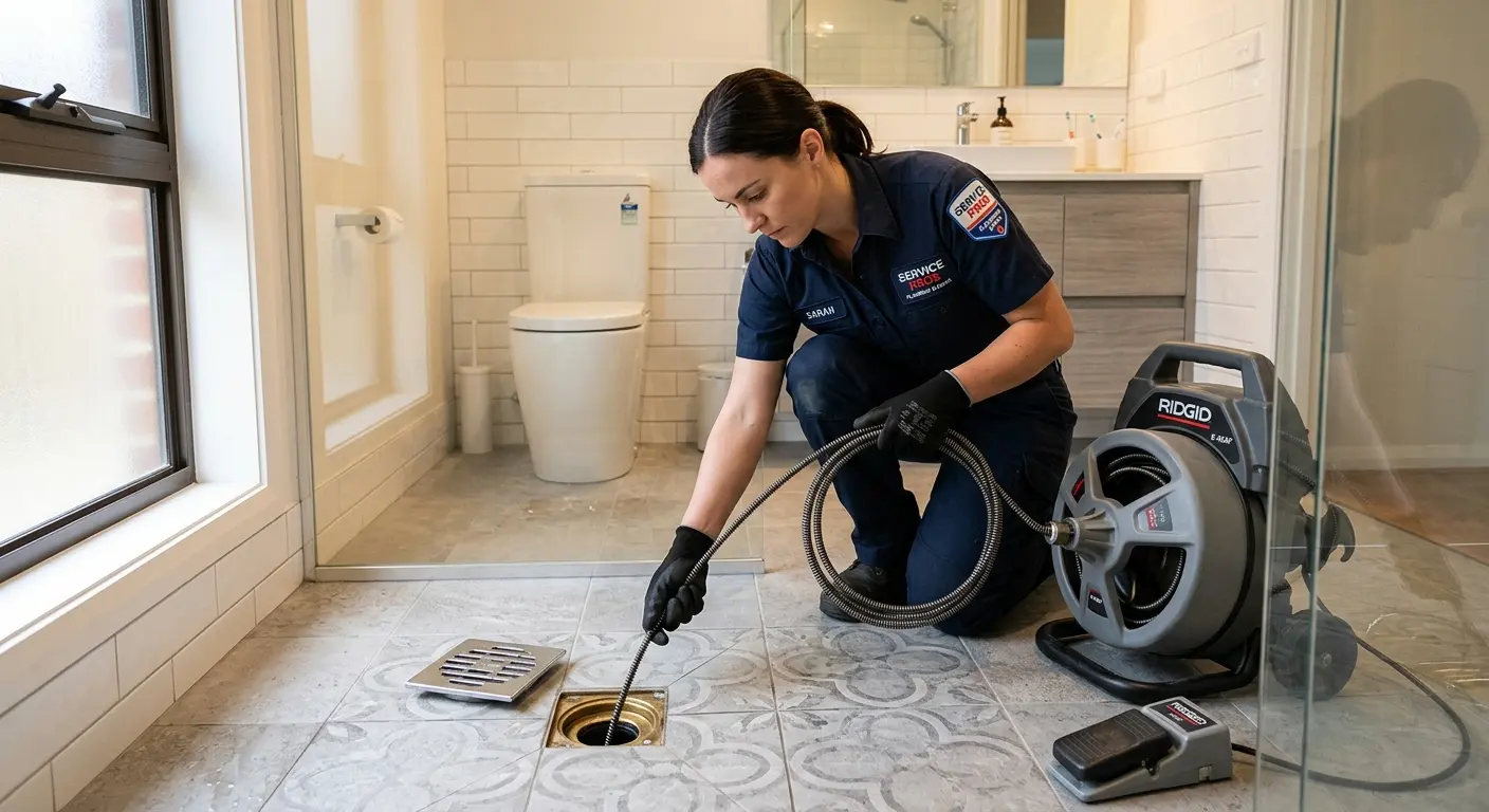 Technician clearing a bathroom floor drain for Hydro Jetting in Moline